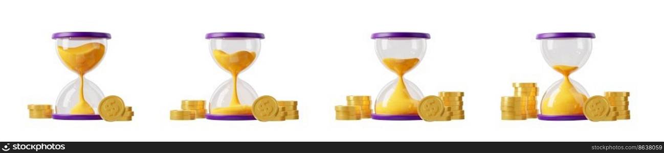 Time and money concept with sand hourglass and coins stacks. Wealth growth, income, financial profit, investment process. Set of sandglass and gold dollar coins, 3d render illustration. Time and money concept, 3d hourglass and coins