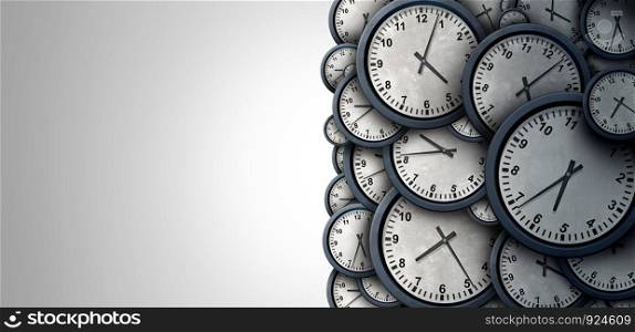 Time background abstract concept as a group of clock objects representing day and night planning or business working hours with copy space as a 3D illustration.