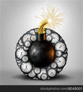 Time bomb business deadline concept as an explosive device surrounded by clock timer objects as an urgent stressful scheduling or countdown metaphor as a 3D illustration.