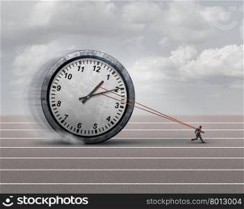 Time burden business concept as a burdened businessman or employee pulling a heavy clock as a symbol for deadline stress or schedule pressure and an icon for aging.