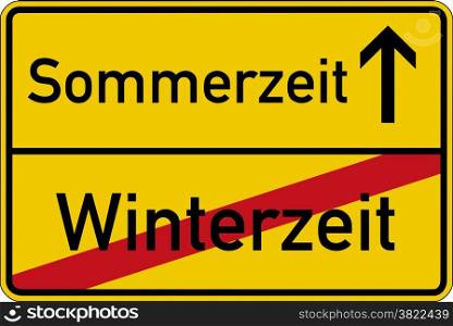 Time change. The German words for wintertime and summertime (Winterzeit und Sommerzeit) on a road sign