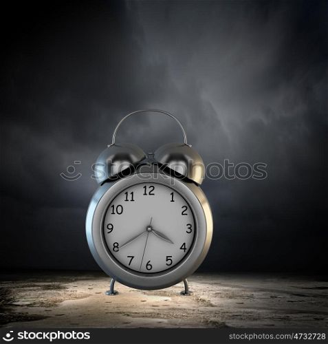 Time concept. Big old-style clock against city modern background