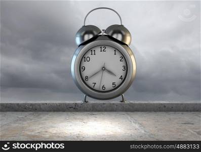 Time concept. Big old-style clock against city modern background