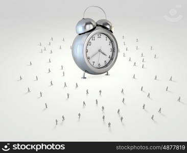 Time concept. Big old-style clock and many businesspeople around