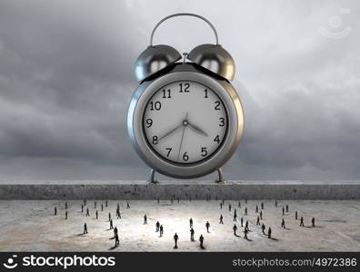 Time concept. Big old-style clock and many businesspeople around