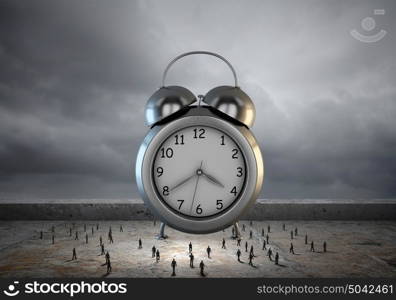 Time concept. Big old-style clock and many businesspeople around