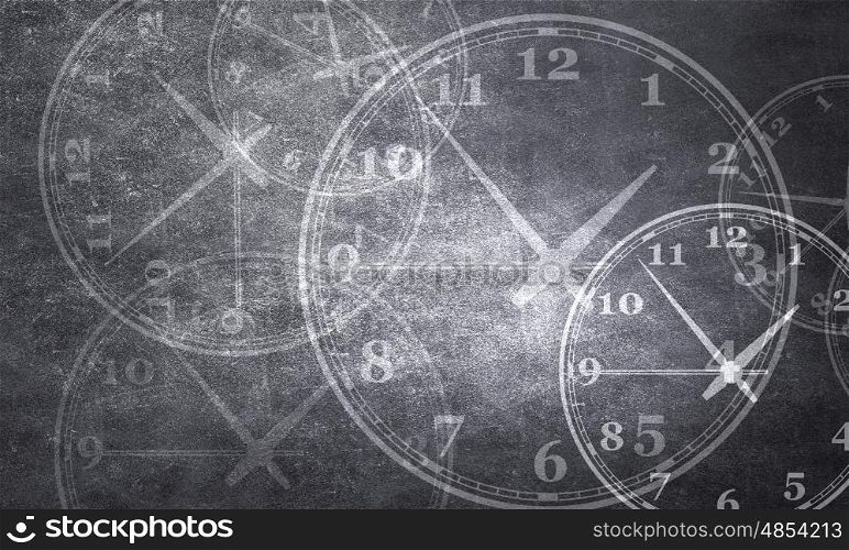 Time concept on cement wall. Many round wall clocks on grey concrete wall