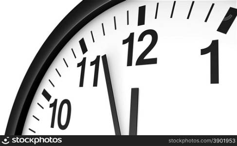 Time concept with a close-up face view of a black and white wall clock with clean design showing almost midnight hour.