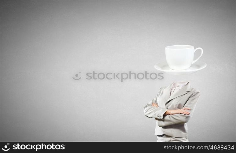 Time for break. Businesswoman with white cup instead of her head