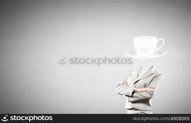 Time for break. Businesswoman with white cup instead of her head