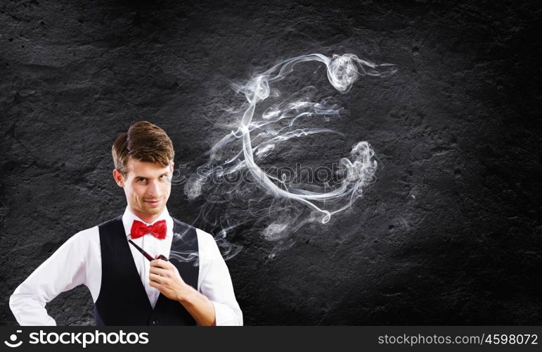 Time for business. Young handsome businessman smoking pipe. Money making