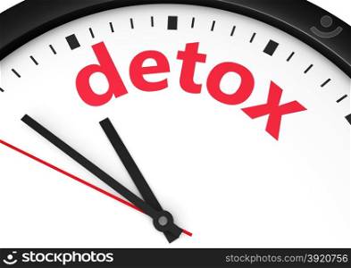 Time for detox diet healthy lifestyle and body care conceptual image with a wall clock and detox text sign printed in red.