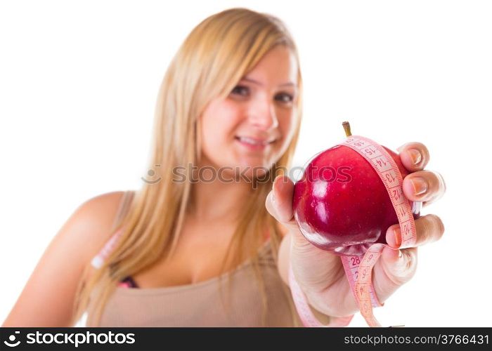 Time for healthy diet slimming. Woman plus size large girl with apple measuring tape - weight loss concept. Isolated on a white background.