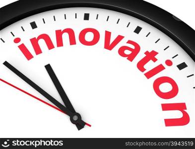 Time for innovative business concept with a clock and innovation word and sign printed in red 3d render image.
