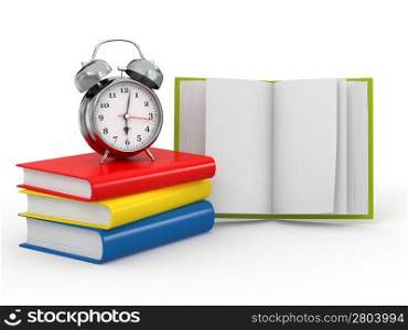 Time for school. Alarm clock on books. 3d