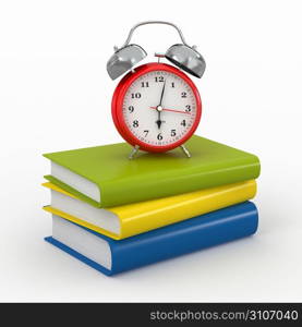 Time for school. Alarm clock on books. 3d