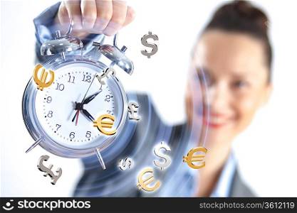 Time in business illustration with clock in hands of businesswoman