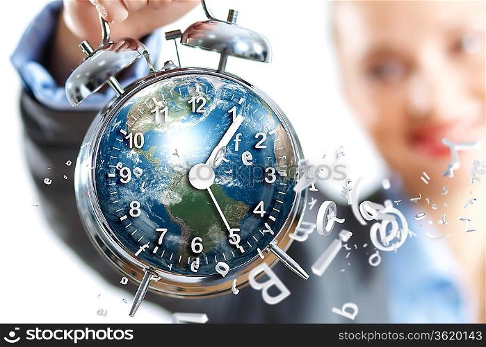Time in business illustration with clock in hands of businesswoman. Elements of this image are furnished by NASA