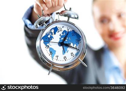 Time in business illustration with clock in hands of businesswoman