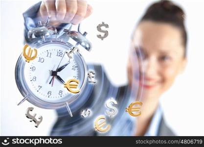 Time in business. Time in business illustration with clock in hands of businesswoman