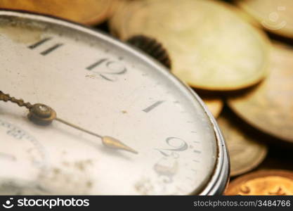 time is money coins and clock macro concet