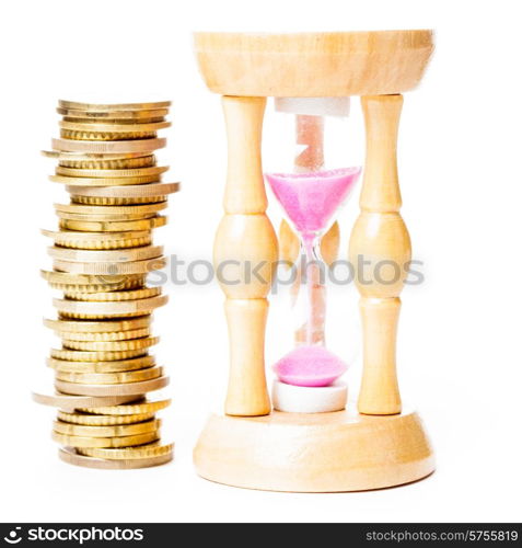 Time is money concept - coins and sandglass