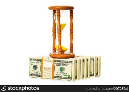 Time is money concept with dollars and hourglass