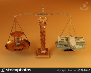 Time is money. Money and hourglass on scale.3d