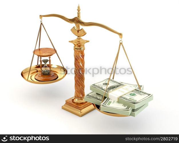 Time is money. Money and hourglass on scale.3d