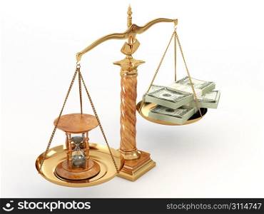 Time is money. Money and hourglass on scale.3d