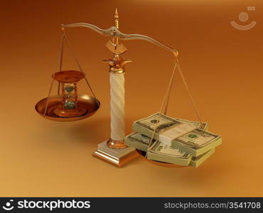 Time is money. Money and hourglass on scale.3d