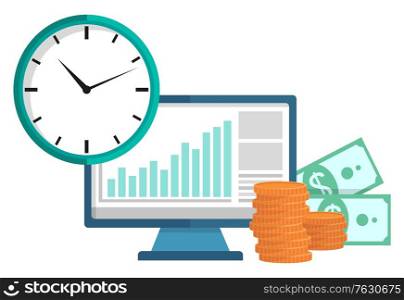 Time is money. Screen with data on isolated monitor with infochart and statistics. Time clock symbolizing deadlines, money coins and banknotes cash finances. Vector illustration in flat cartoon style. Computer Screen with Information and Charts Vector