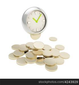 Time is money: stack of golden coins under the silver clock isolated on white background