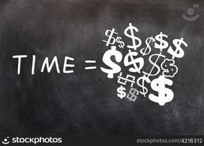 Time is Money written on a blackboard,with various dollar symbols
