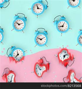Time is running out concept shows blue alarm clocks that is dissolving down by melting in pastel pink liquid substance . Surreal style image. Time is running out. Melted red alarm clocks