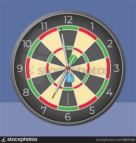 Time is the goal. Darts style decorative wall clock. Vector illustration. Isolated monochromatic background