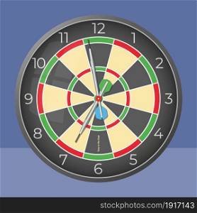 Time is the goal. Darts style decorative wall clock. Vector illustration. Isolated monochromatic background