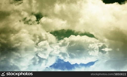 Time lapse clouds and water drops on reflective surface, gradient