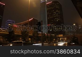 time lapse of city traffic at night, Beijing, China.