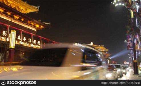 time lapse of night street of chinese city, Xi&acute;an, China
