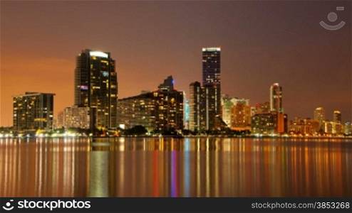 Time lapse of the Miami skyline at night with beautiful colors