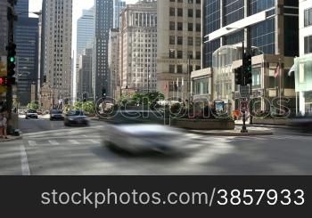 Time lapse of traffic and pedestrians at a red light on Michigan Avenue in Chicago