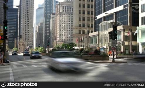 Time lapse of traffic and pedestrians at a red light on Michigan Avenue in Chicago