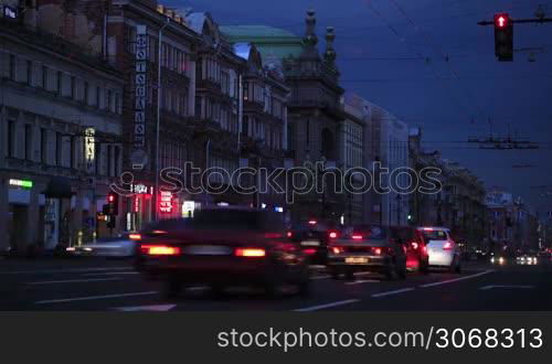 Time lapse of traffic in the evening in Nevsky Avenue, St. Petersburg, Russia.