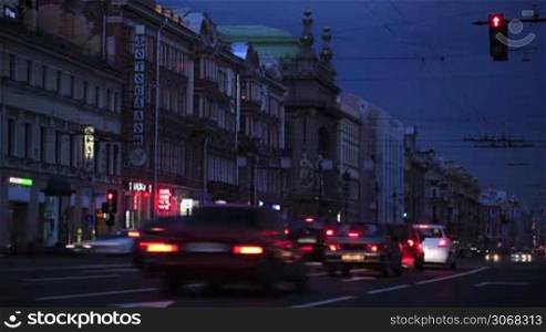Time lapse of traffic in the evening in Nevsky Avenue, St. Petersburg, Russia.