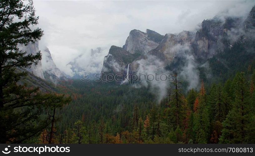 Time lapse view of stormy looking Yosemite Valley
