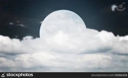 time lapse white full moon with cumulus clouds ahead at night