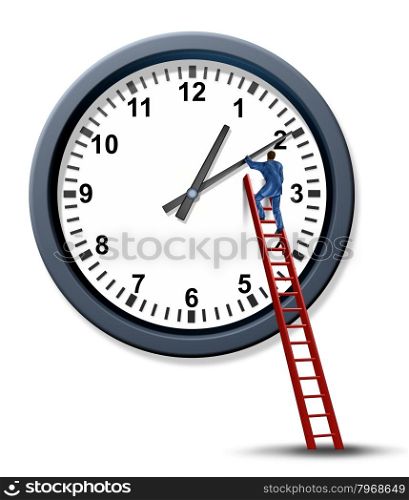 Time management and setting a time for a business appointment with a businessman as a personal organizer climbing a red ladder to change and move the hands of a clock to manage a schedule.
