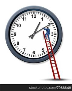 Time management and setting a time for a business appointment with a businessman as a personal organizer climbing a red ladder to change and move the hands of a clock to manage a schedule.