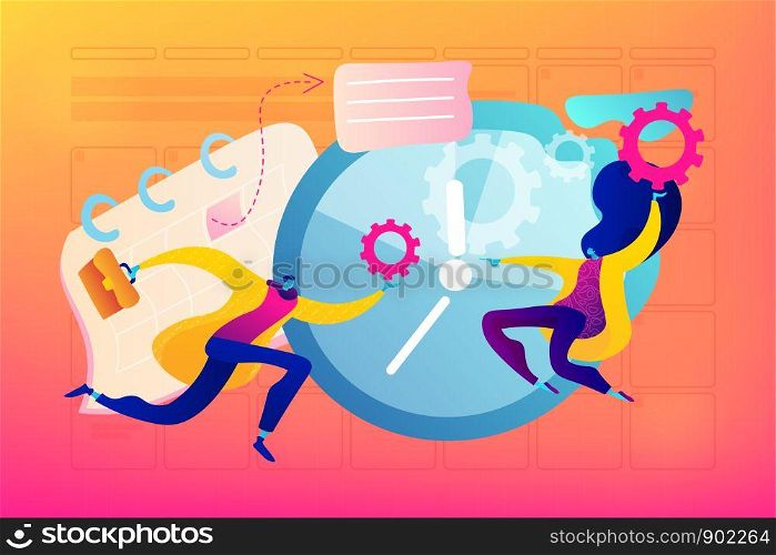 Time management, effective time spending, time planning concept. Vector isolated concept illustration with tiny people and floral elements. Hero image for website.. Time management concept vector illustration.